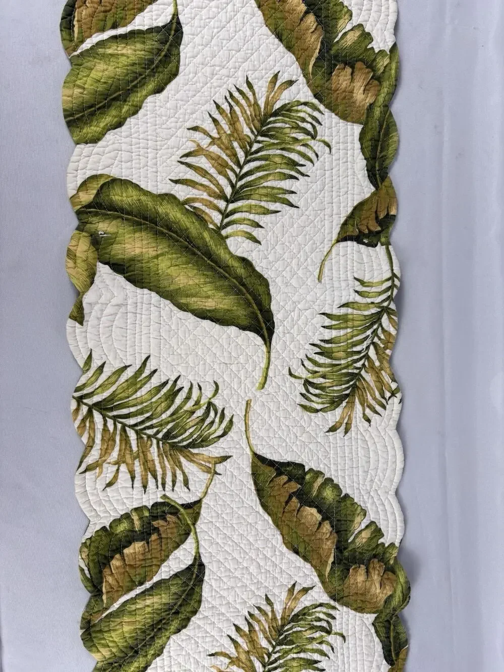Tropical Leaf and Striped Reversible Quilted Table Runner Scalloped Edge 14x 53